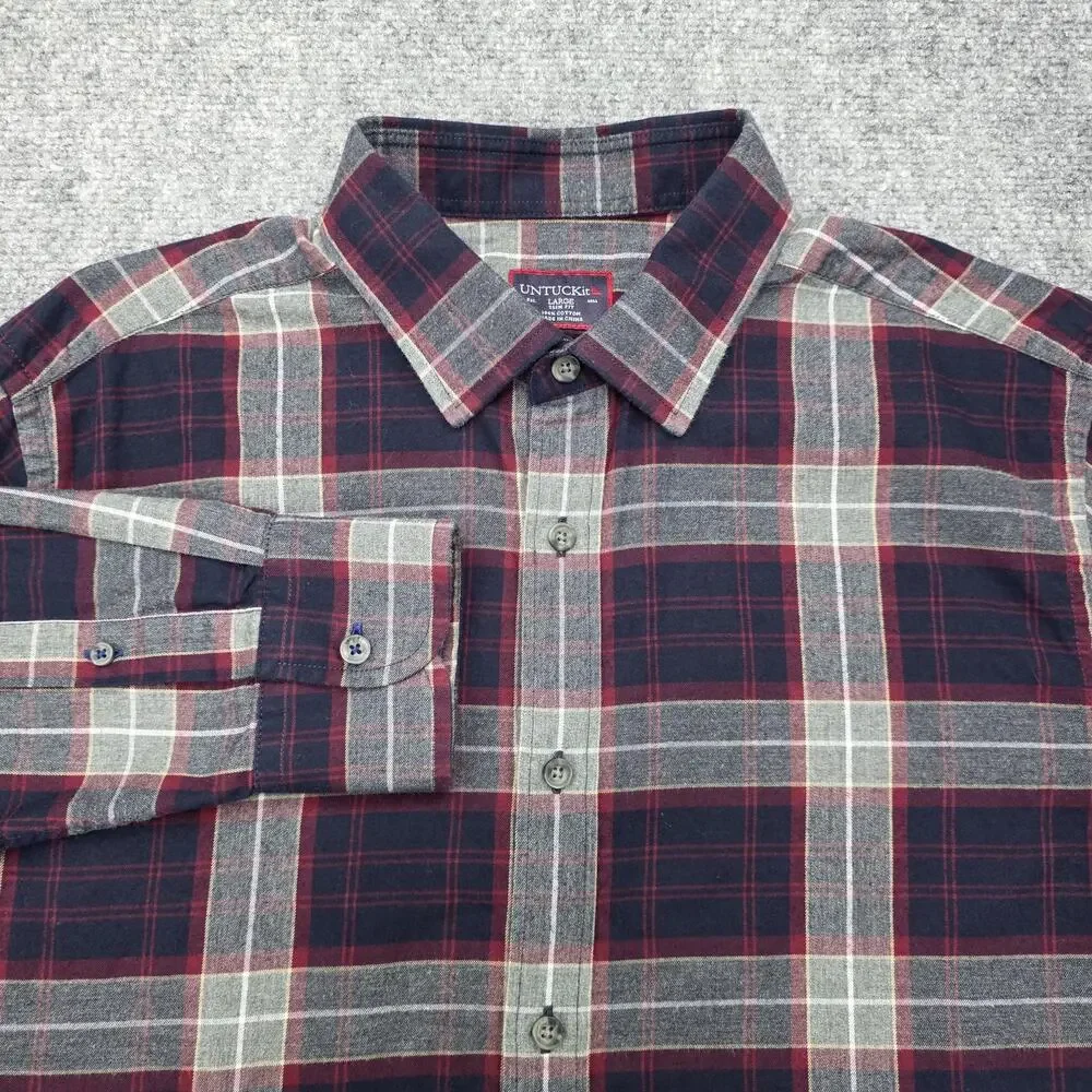 UNTUCKit Shirt Mens Large Red Navy Plaid Alentejo Slim Fit Cotton Button Down